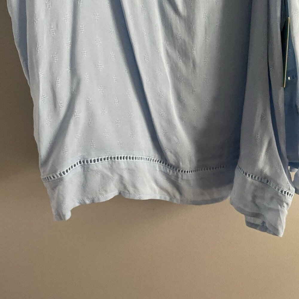 CeCe Women Sz S Blue Cold Shoulder 3/4 Sleeve Ruffled Neckline Blouse NWT - Picture 2 of 10